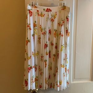 Pleated White Floral Midi Skirt